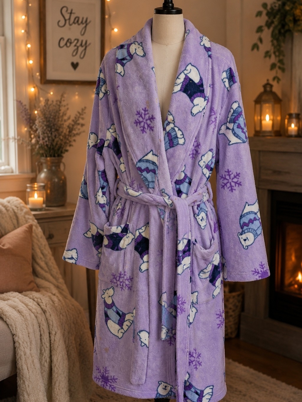 Plush Lavender Polar Bear Print Robe